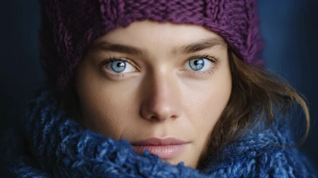 Close-up of a person with blue eyes light skin wearing a purple knit hat and a blue knit scarf against a dark background
