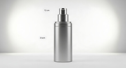 Silver Metal Pump Dispenser Bottle with Size Measurements on White Background graphic design