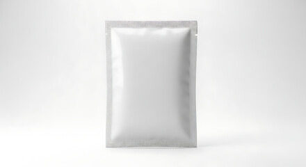Single blank white sachet packet with sealed edges and tear notch on white background Keywords: sachet, packet, blank, white, empty, sealed, packaging, single, sample, product, mockup, isolated