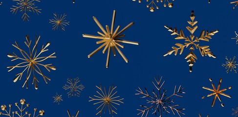 Abstract gold snowflakes on a deep blue background. Perfect for Christmas, winter holiday, and festive projects.