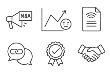 M&A Icons Collection. Line style icons of mergers & acquisitions: M&A announcement, investor reaction chart, press release icon,