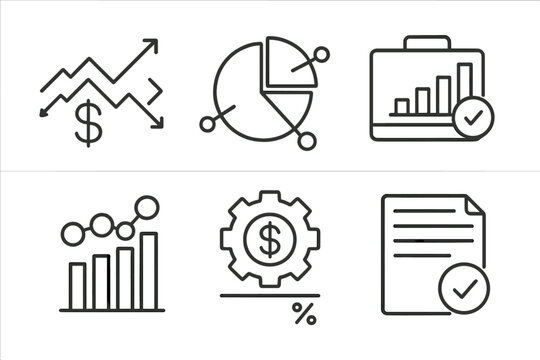 Hedge Fund Icons. Line style icons of hedge funds: long/short strategy, fund allocation pie, portfolio diversification, leverage