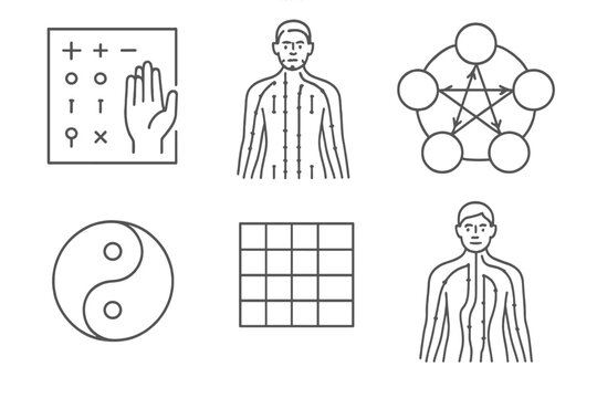 Acupuncture Icon Set. Line style icons of acupuncture: acupuncture chart elements, meridian body map, five element wheel icon, yin