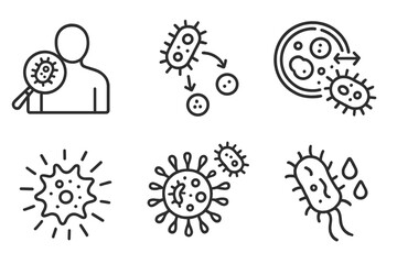 Microbiology Line Icons. Line style icons of microbiology: infection model, microbial pathogenesis, host-pathogen interaction,