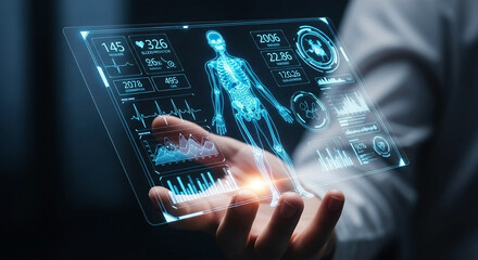 Futuristic medical hologram displaying human anatomy and vital signs image