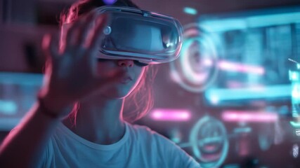 Young woman experiencing virtual reality technology with headset - Powered by Adobe