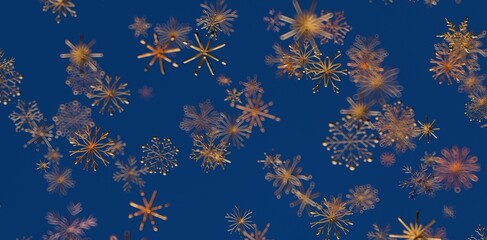 Decorative background of falling golden snowflakes against a vibrant blue backdrop. Perfect for Christmas, winter, and holiday themes with a tou