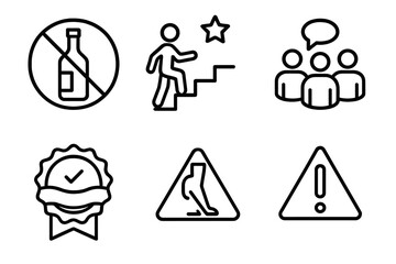 Mental Health Icons. Line style icons of mental health: substance abuse and recovery, crossed bottle icon, recovery steps icon,