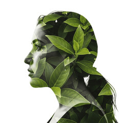 Double Exposure Head Silhouette with Lush Green Leaves on Transparent Background