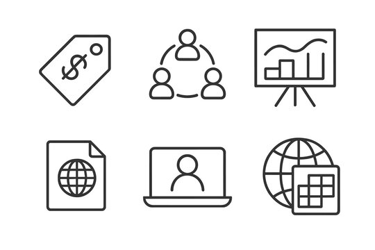 Local vs Global Icons. Line style icons of Local vs Global Angel Strategy: Local deal tag, regional network icon, cultural