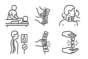 Chiropractic Care Icons. Line style icons of chiropractic care: chiropractic session, patient lying on table, spine adjustment