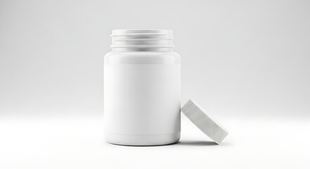 White Pill Bottle with Open Lid on White Background medicine bottle supplement bottle