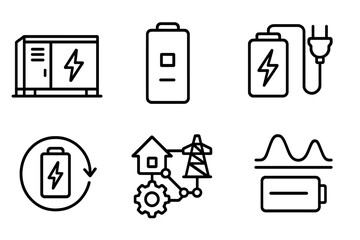Renewable Energy Icons. Line style icons of renewable energy: battery storage unit, lithium-ion cell, energy backup icon, battery