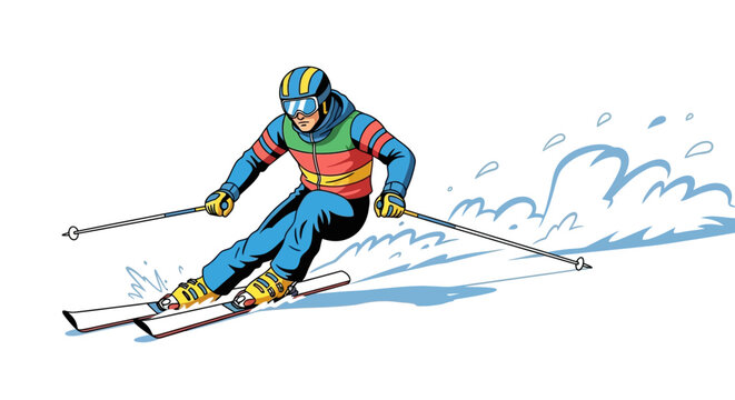 Skier racing down a snowy slope with ski poles and goggles.