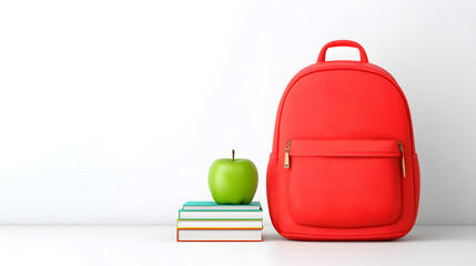 Red backpack with green apple and stack of books, isolated on white background, representing education, school readiness, and healthy learning habits.