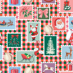 Santa Claus, sleigh, deer, present, rocking horse, ball, Christmas tree, mistletoe, house in frame pattern. Merry Christmas, New Year postage stamp.