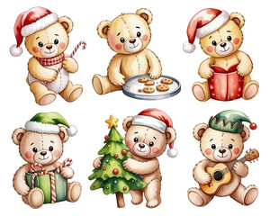 Fototapeta premium Set of watercolor style cute beige teddy bear in christmas theme doing different hobbies, clipart on abstract white background, graphic design illustration wallpaper 