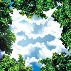 View of the sky through the trees, vector art illustration.