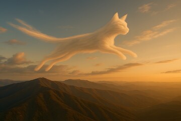 Flying cat shaped cloud over mountain sunset