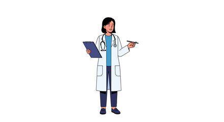 A doctor stands holding a clipboard and pen smiling She wears a white coat and stethoscope