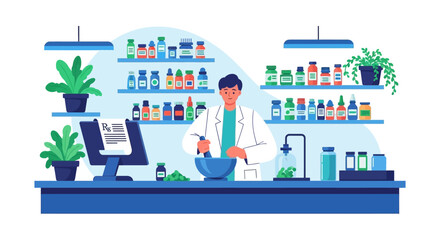 A pharmacist compounds medicine using a mortar and pestle in a pharmacy