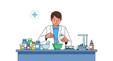 Cartoon depicts a pharmacist compounding medications at a bench with jars mortars  scales