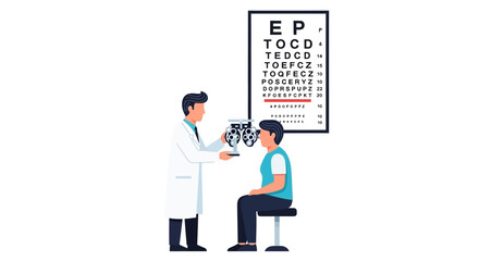Eye exam An optometrist uses a phoropter to test a patients vision with an eye chart in the background