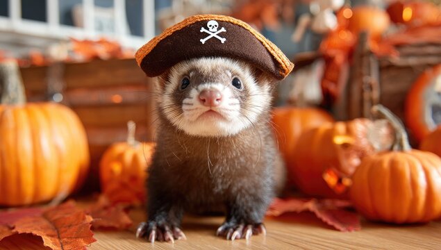 A ferret in a pirate hat poses amongst pumpkins and autumn leaves