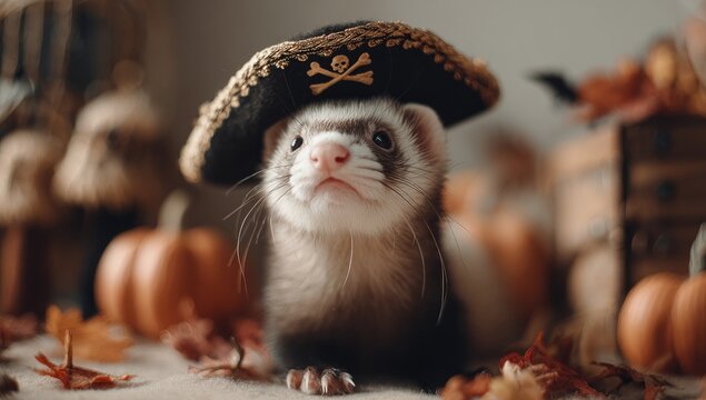 Ferret in pirate hat with pumpkins and fall foliage, looking directly at the camera - Powered by Adobe