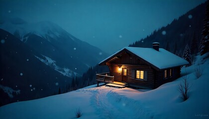 Snowflakes falling over mountain cabin in twilight, warm lights glowing inside, cinematic winter chill atmosphere.