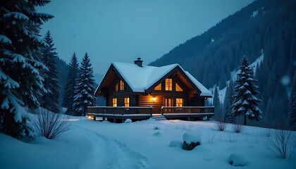 Snowflakes falling over mountain cabin in twilight, warm lights glowing inside, cinematic winter chill atmosphere.