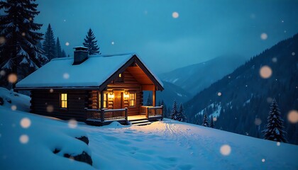 Snowflakes falling over mountain cabin in twilight, warm lights glowing inside, cinematic winter chill atmosphere.