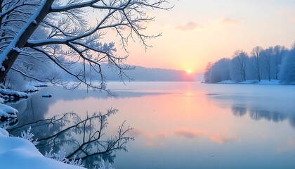Frozen lake reflection with frosty branches and pastel sunrise sky 