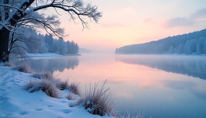 Frozen lake reflection with frosty branches and pastel sunrise sky 