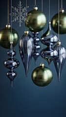 Dark blue Christmas holiday background with metallic olive green glass balls, deep navy blue glass finial drops and a silver snowflake ornament.  Space for text.