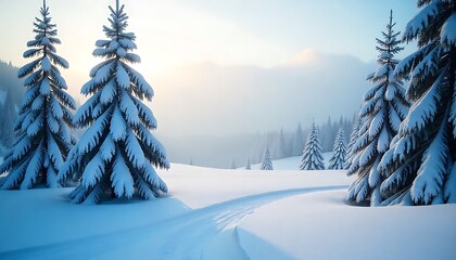 Frosty winter landscape with snow covered pine trees, peaceful cool season scenery