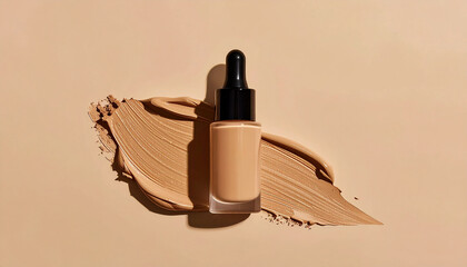 Bottle of beige liquid foundation with smooth stroke of makeup, cosmetic branding. Close-up.