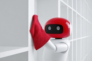 Service robot with a red head is dusting white shelves in a modern interior, showcasing advanced cleaning technology and minimalist design aesthetics with copy space