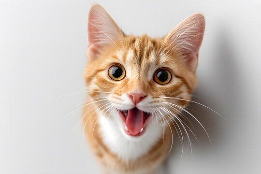 Hilarious ginger cat portrait with open wow mouth. Cute playful animal symbol for surprise, humor, fun, joy, and expressive reaction memes.