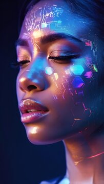 Futuristic woman with glowing holographic face and neon cyber lighting