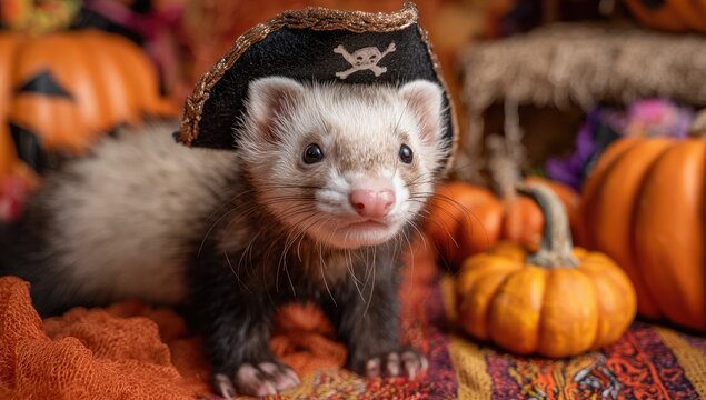 A ferret wearing a pirate hat smiles amid pumpkins and autumn decor, Halloween-themed