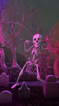Seamless vertical video of a skeletons dancing in a cemetery disco at night. Funny halloween background for parties and events.