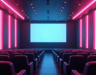 Fototapeta premium Empty cinema hall with rows of red seats. Neon pink and blue lights illuminate screen and walls. Modern movie theater interior ready for film premiere or screening.