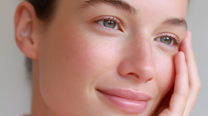 Fototapeta premium Smiling young woman with fresh skin, her face in natural light, ideal for skincare promotions.