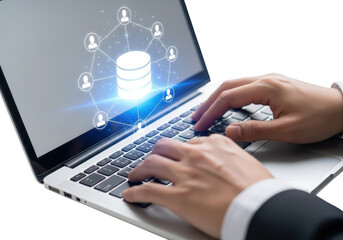 Obraz premium Hands typing on laptop with database network graphic isolated on transparent background