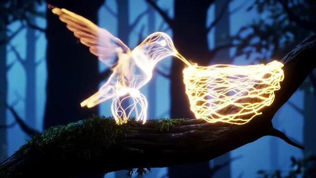 Zealous Ethereal Hummingbird Creatively Building a Glowing Magical Fantasy Nest within a Dark Forest.