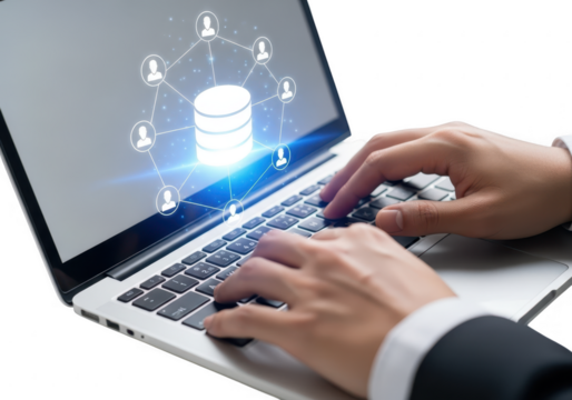 Hands typing on laptop with database network graphic isolated on transparent background