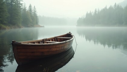 Obraz premium Calm lake with wooden boat in misty morning. Old rowboat reflects in still waters. Evergreen forest surrounds water. Eerie foggy scene ideal for travel nature escape backgrounds. Serene scenic view.