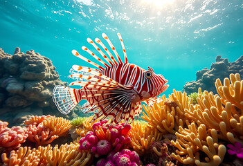 Lionfish swimming among colorful coral reef with sun rays in blue sea water