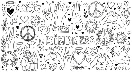 Kindness symbols and hand-drawn doodles with hearts and peace signs